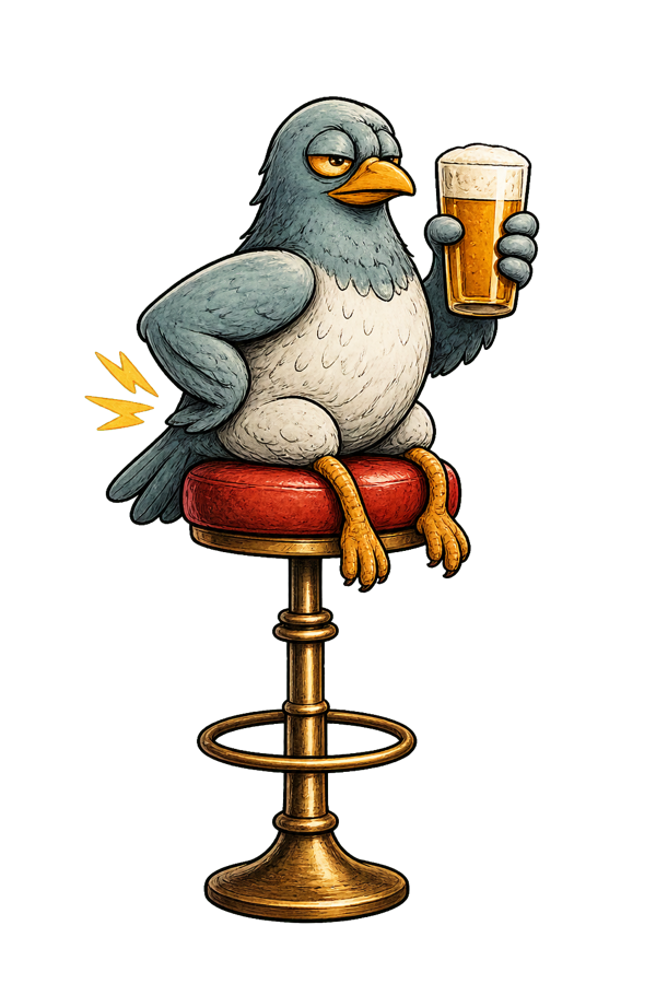The PubPerch pigeon perched on a pub stool, raising a pint